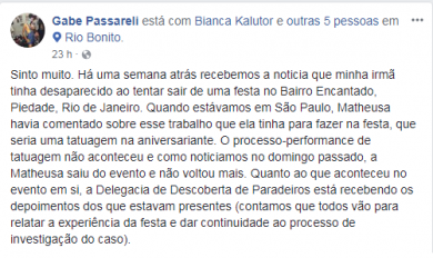 Irmão da vítima, Gabe Passareli confirmou a morte de Matheusa. Foto: Facebook/reprodução